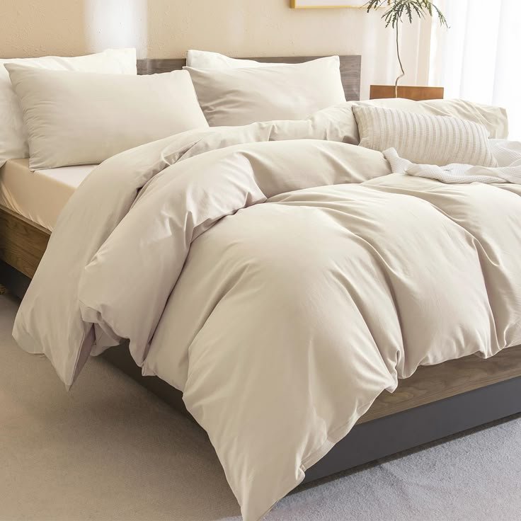 sanracie cotton comforter king size,solid color bedding comforter set linen feel textured 3 pieces(1 wheat bed comforter + 2 pillowcases) soft lightweight neutral king bedding all season